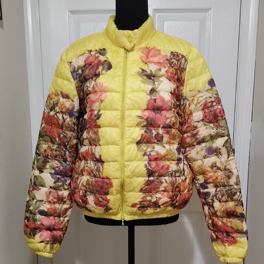 Moncler Yellow Quilted Puffer Jacket with Floral Design